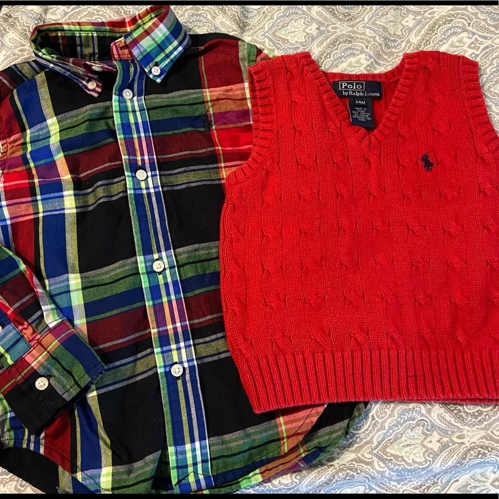 Ralph Lauren polo plaid long sleeve shirt & RL polo red sweater vest fall